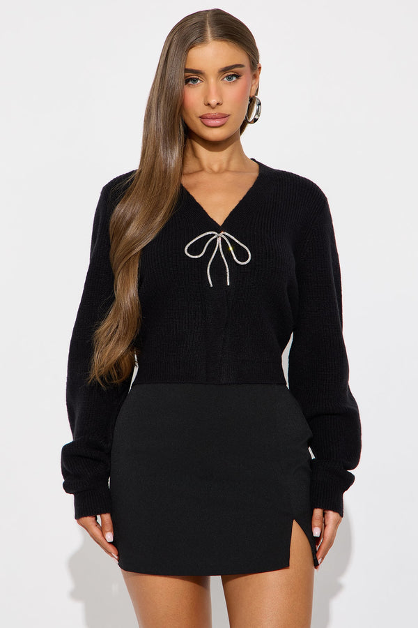 A Little Rhinestone Bow Cardigan - Black
