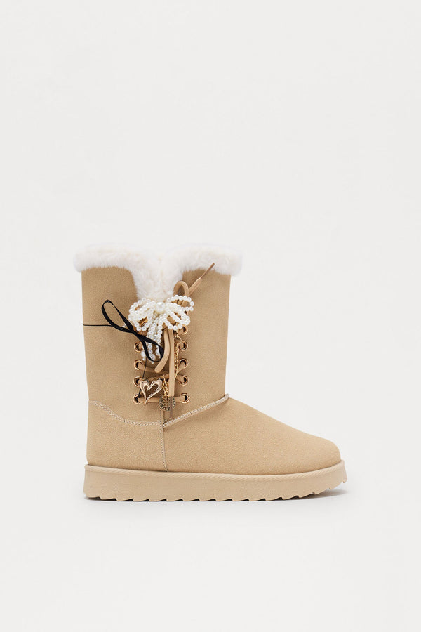 Yasmia Embellished Fur Trim Booties - Sand