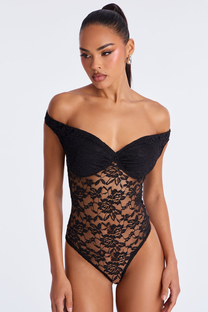 Tiria Sheer Lace Bodysuit - Black
