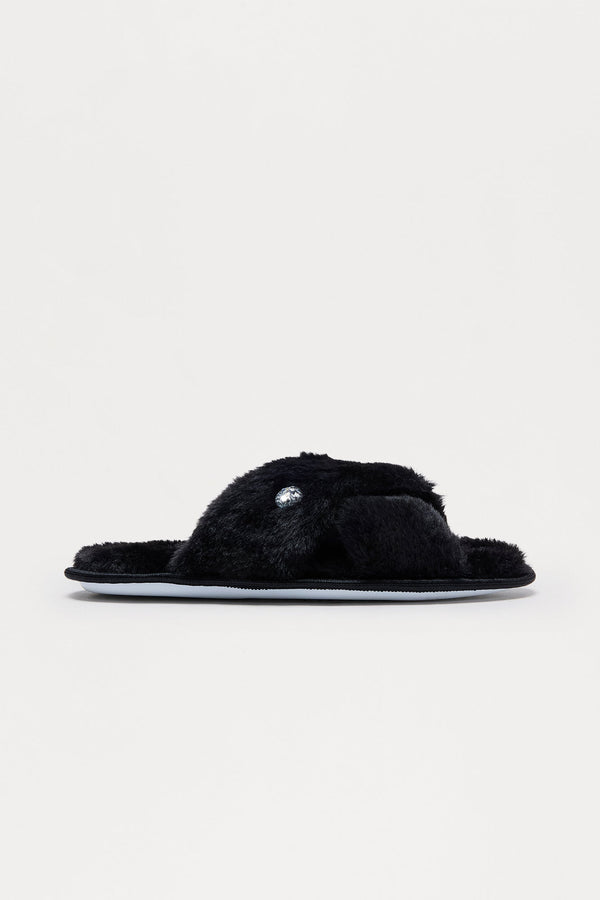 Piper Rhinestone Faux Fur Slippers - Black
