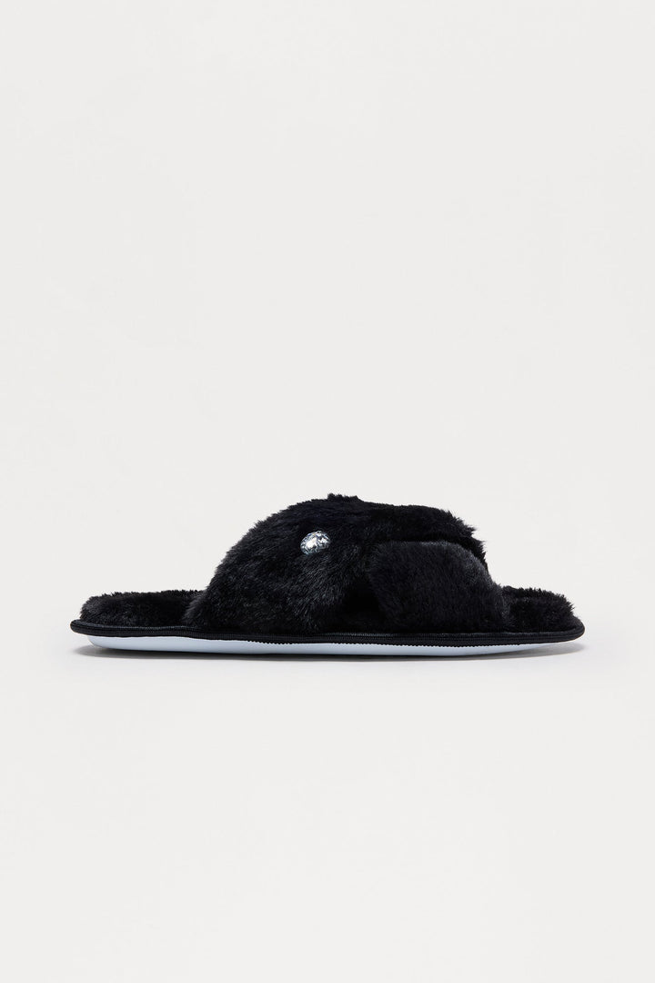Piper Rhinestone Faux Fur Slippers - Black