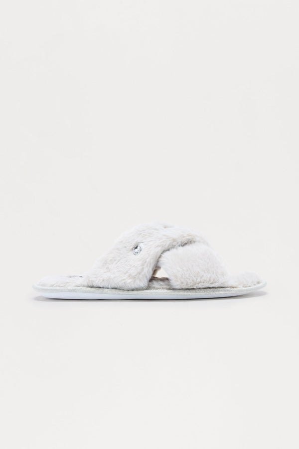 Piper Rhinestone Faux Fur Slippers - Grey
