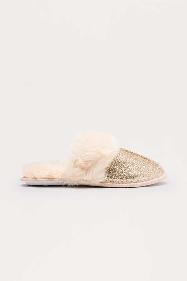 Bizzy Fur Trim Glitter Slippers - Gold