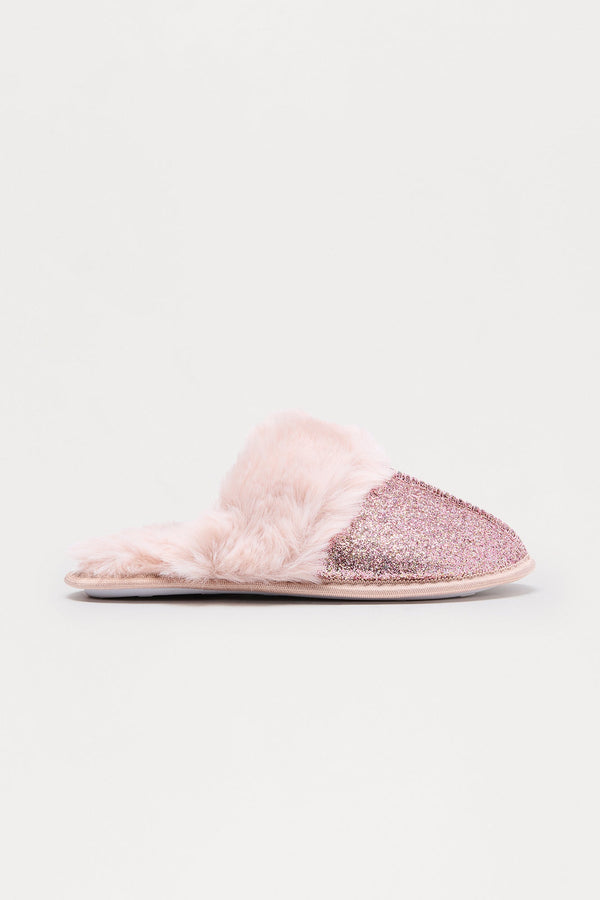 Bizzy Fur Trim Glitter Slippers - Pink