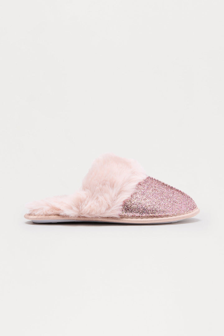 Bizzy Fur Trim Glitter Slippers - Pink