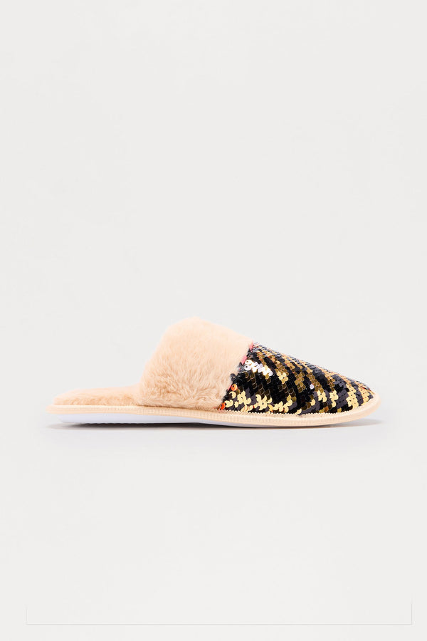 Glow Fur Trim Sequin Slippers - Gold