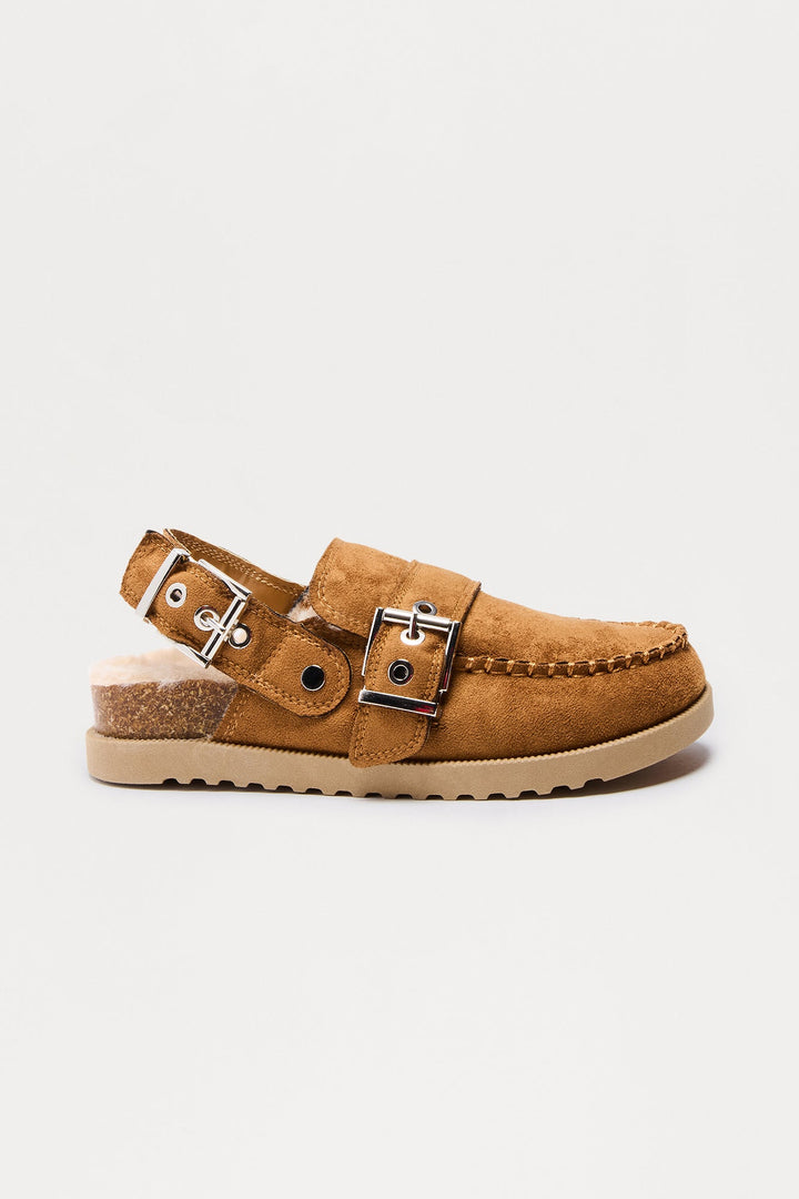 Brock Faux Fur Lined Buckle Slides - Camel