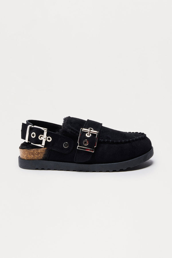 Brock Faux Fur Lined Buckle Slides - Black