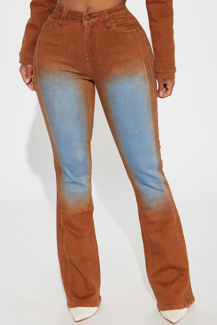 Switch Lanes Tinted Moto Flare Jeans - Brown