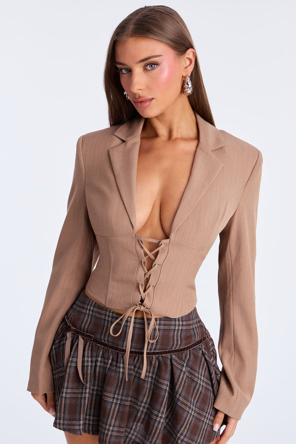Office Behavior Pinstripe Corset Top - Mocha