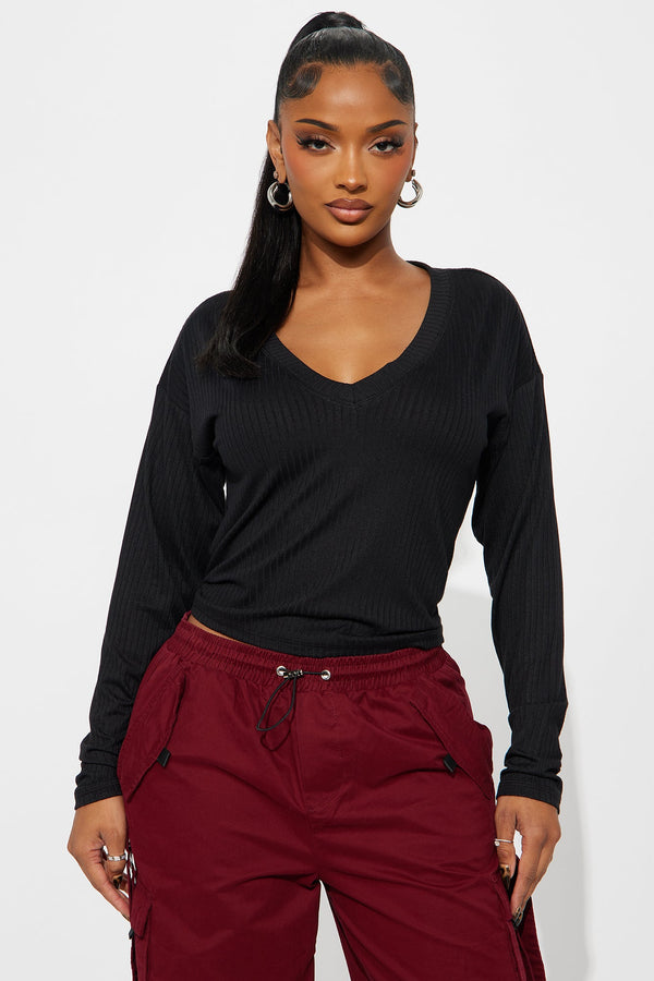 Bailey Basic V Neck Ribbed Top - Black