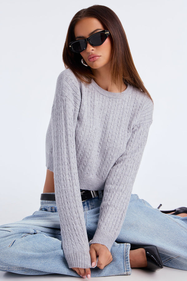 Chillin' It Cable Knit Sweater - Heather Grey