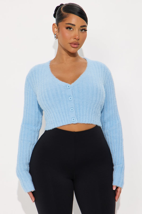 Make It Fun Cropped Fuzzy Cardigan - Light Blue