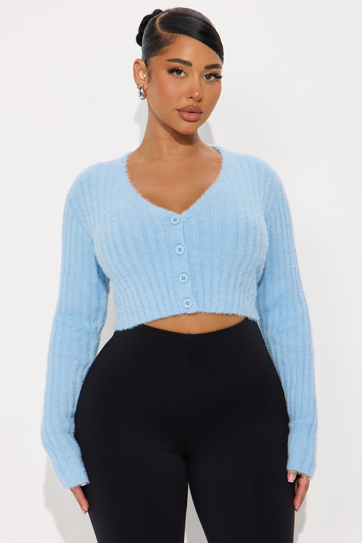 Make It Fun Cropped Fuzzy Cardigan - Light Blue