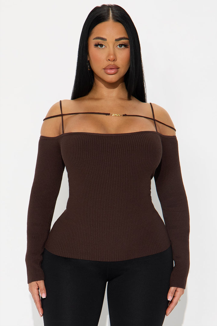 Stay Dramatic Off Shoulder Strappy Sweater Top - Chocolate