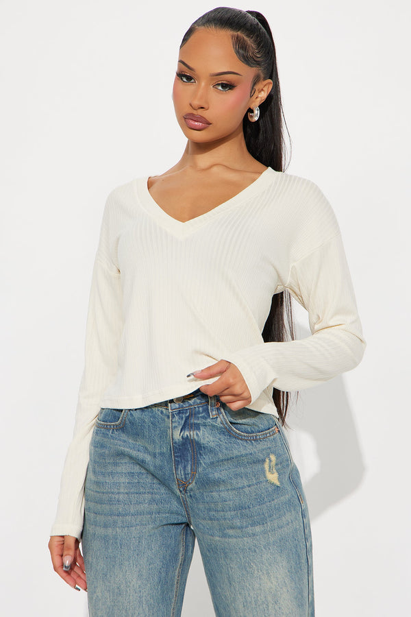 Bailey Basic V Neck Ribbed Top - Cream