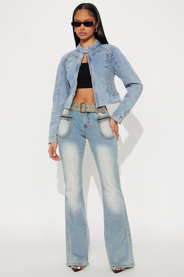 Backstage Belted Mid Rise Flare Jeans - Light Wash