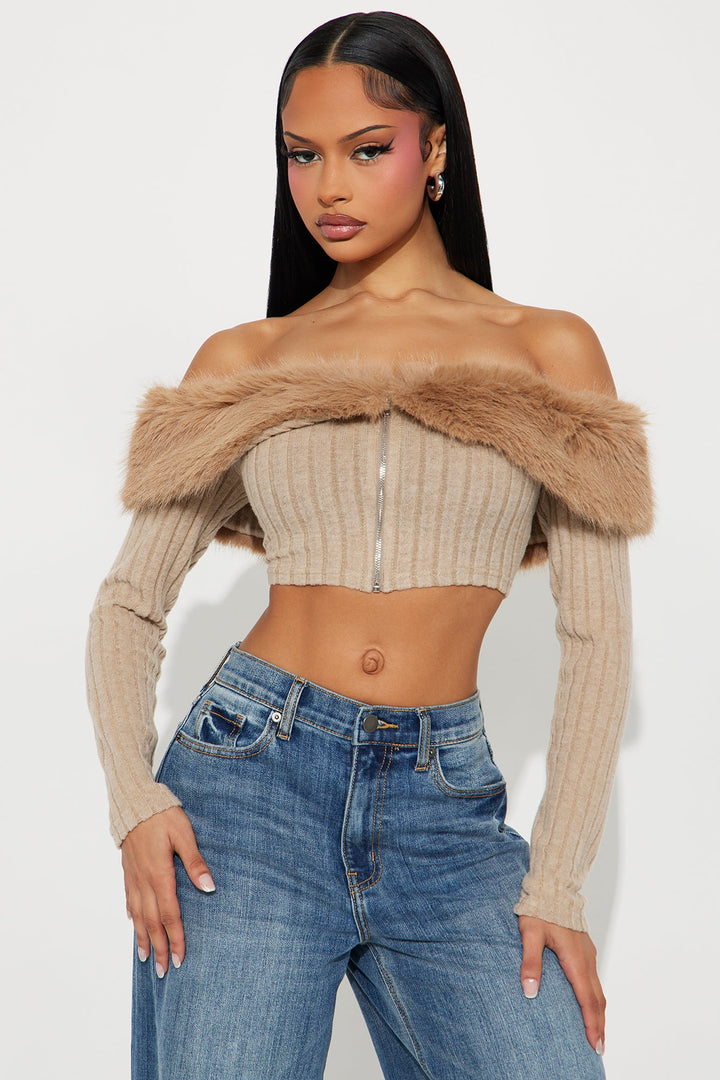 Break It Up Faux Fur Trim Off Shoulder Top - Beige