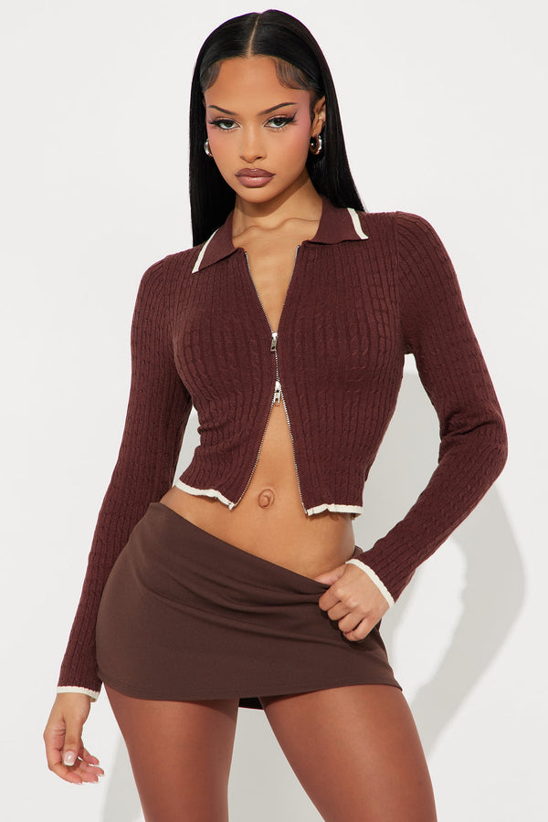School Night Cable Knit Cardigan - Brown