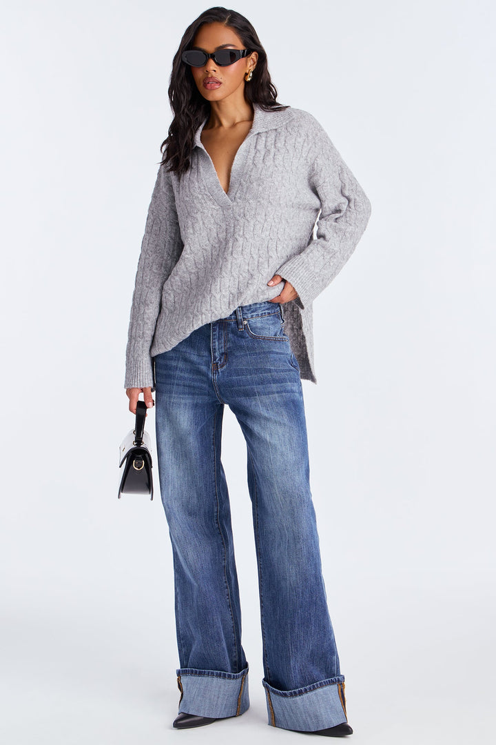 Mylie Cable Knit Polo Sweater - Heather Grey