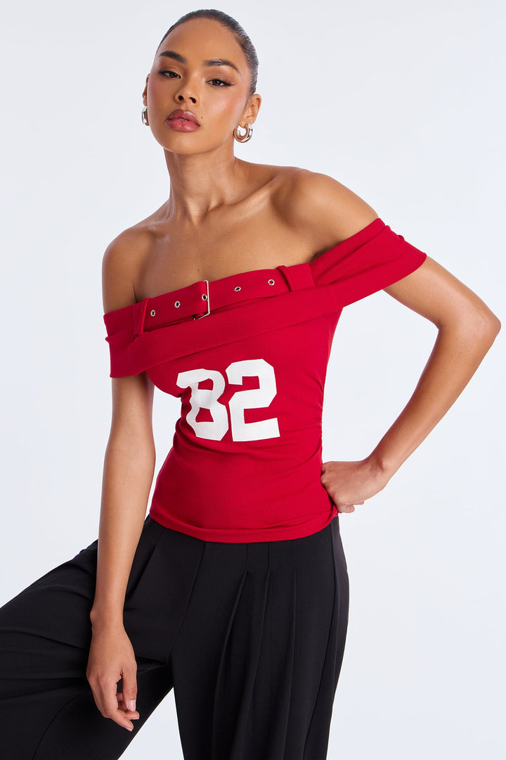 82 Belted Off Shoulder Top - Red