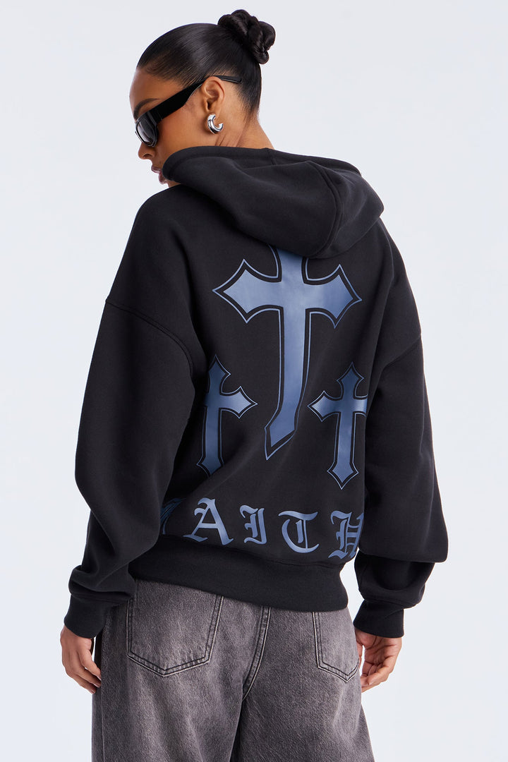 Faith Over Fear Embroidery Hoodie - Black