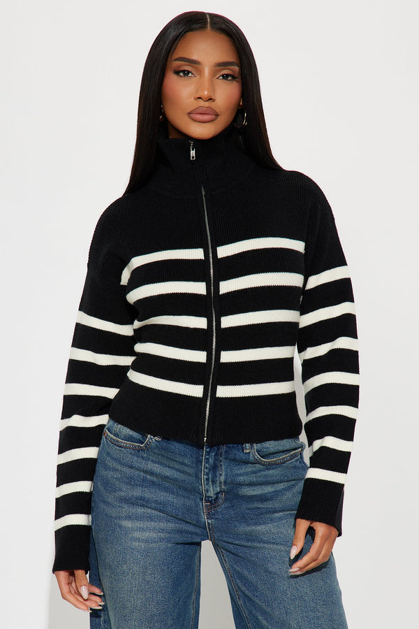 Amelia Front Zip Striped Cardigan - Black/combo