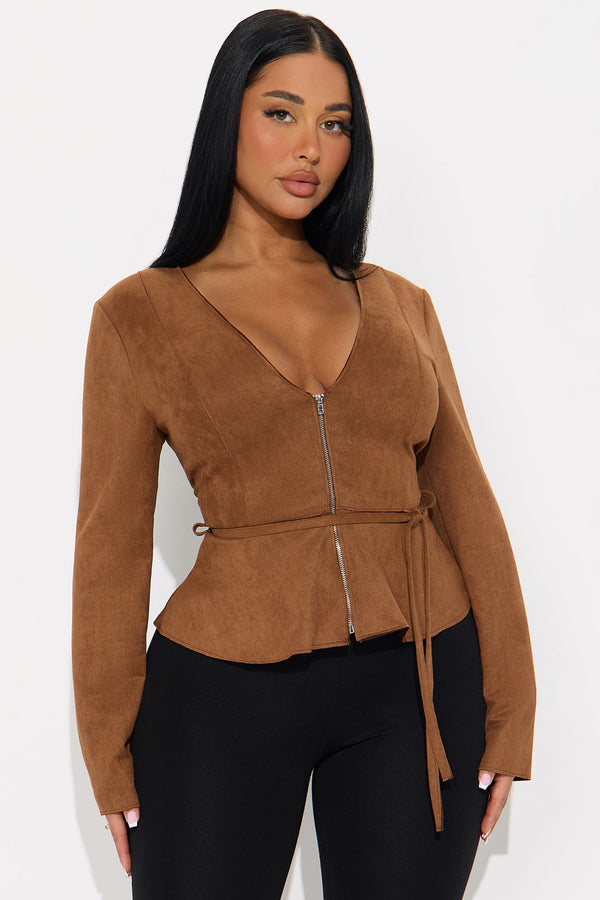 Sweet City Belted Faux Suede Top - Brown