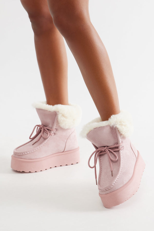 Frosty Fur Trim Platform Booties - Pink