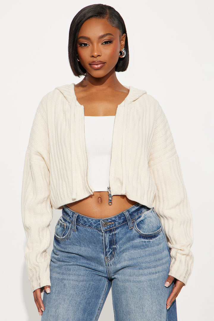 The Comfy Hooded Zip Front Sweater - Cream