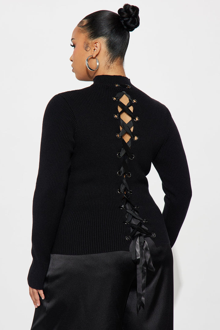 Strapped In Lace Up Sweater Top - Black
