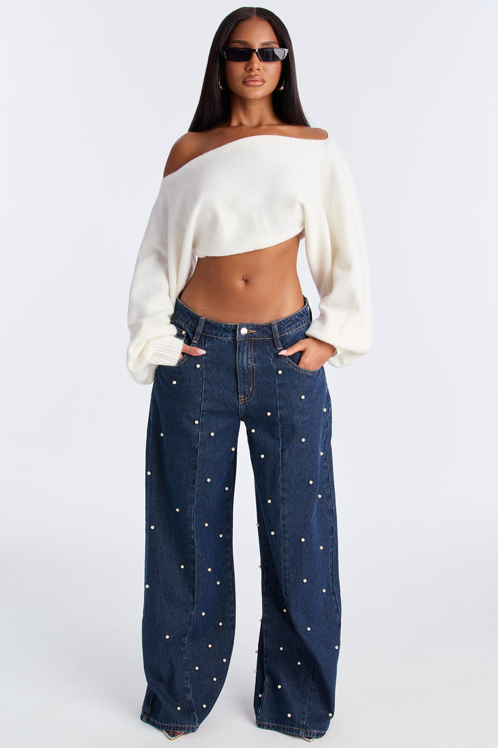 Pearly Whites Embellished Wide Leg Jeans - Dark Wash