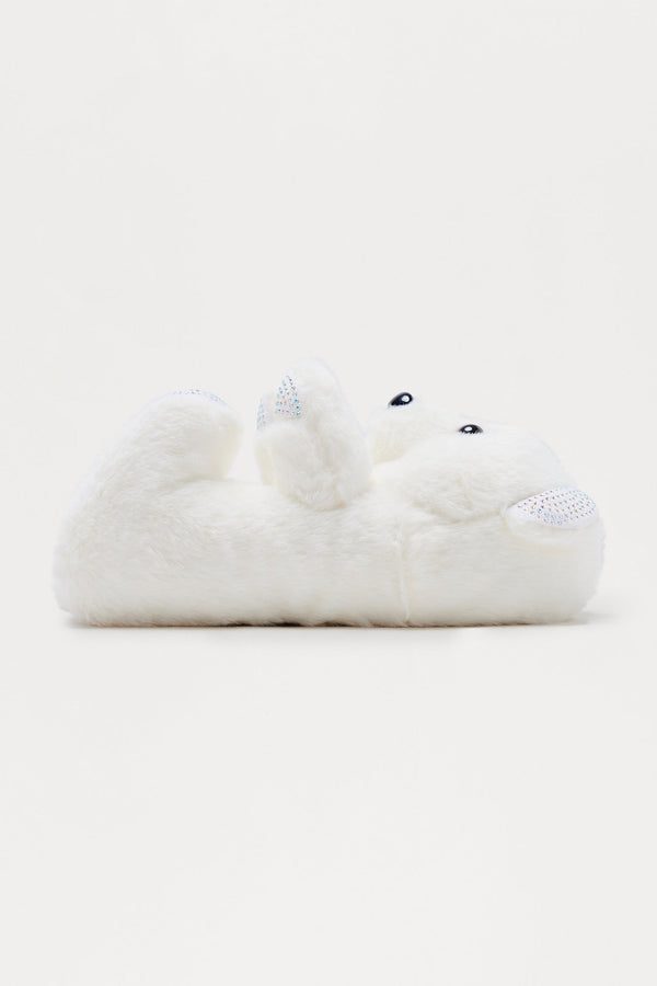 Lovey Rhinestone Bear Slippers - White