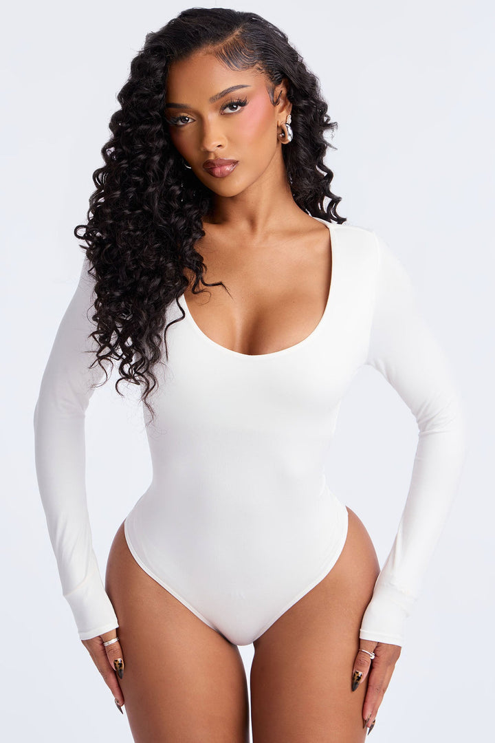 Josie Double Lined V Neck Long Sleeve Bodysuit - Off White