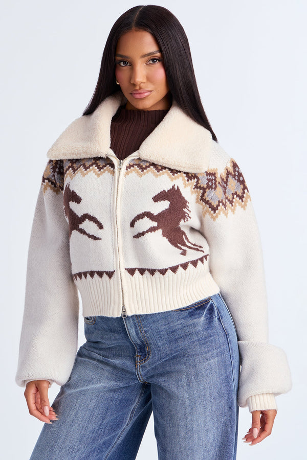 Saddle Up Horse Faux Fur Zip Cardigan - Cream/combo