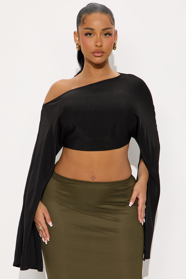 Soft Hearts Satin Off Shoulder Cape Top - Black