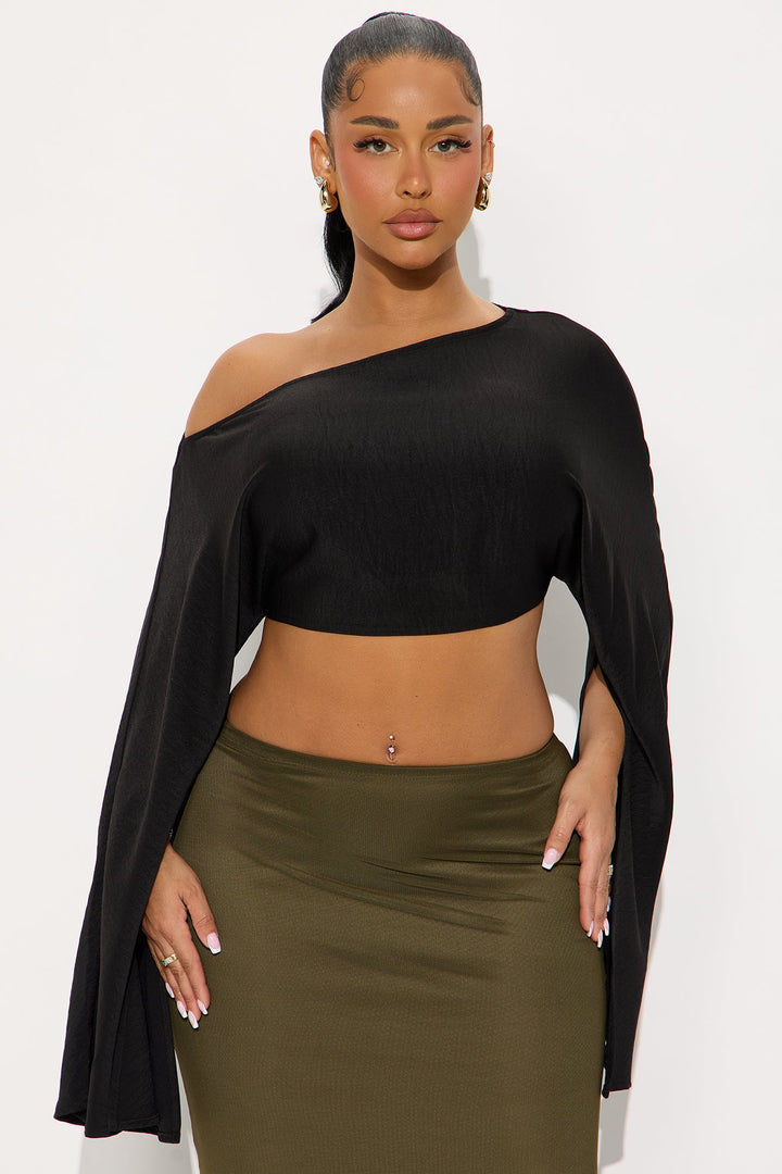 Soft Hearts Satin Off Shoulder Cape Top - Black