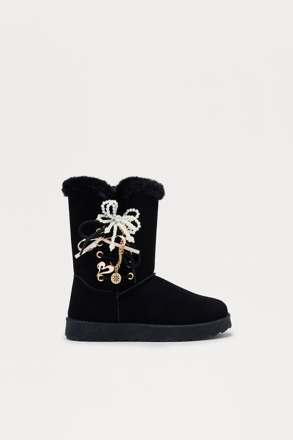 Yasmia Embellished Fur Trim Booties - Black