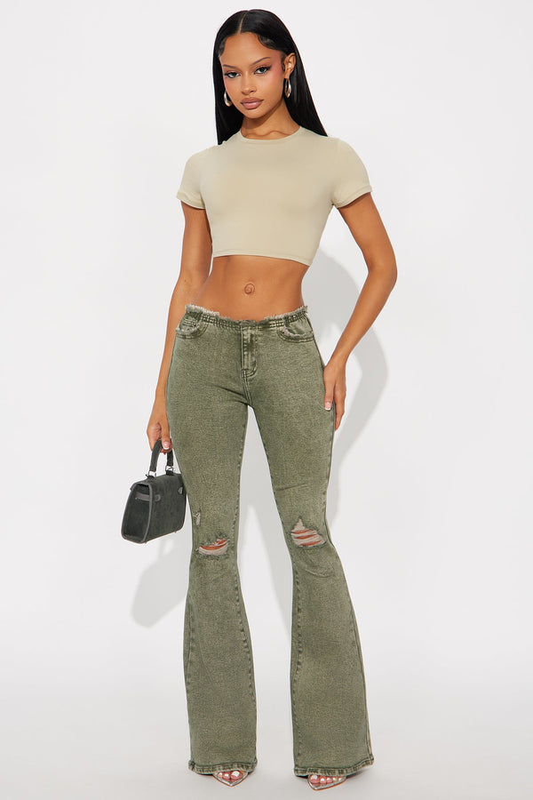 Highly Motivated Low Rise Flare Jeans - Olive