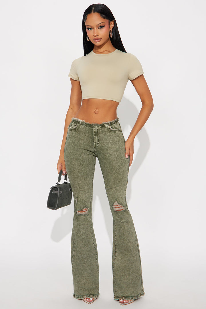 Highly Motivated Low Rise Flare Jeans - Olive