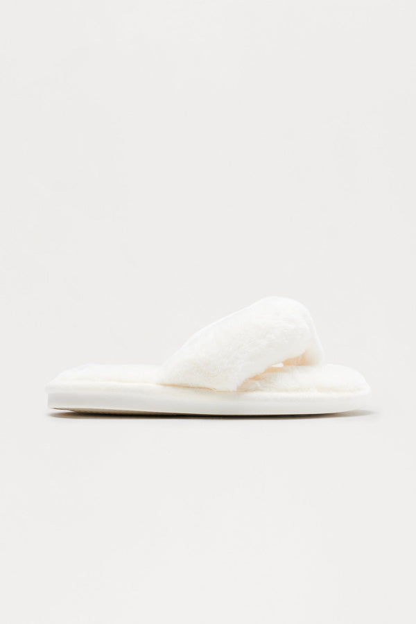 Sleepy Faux Fur Thong Slippers - Cream