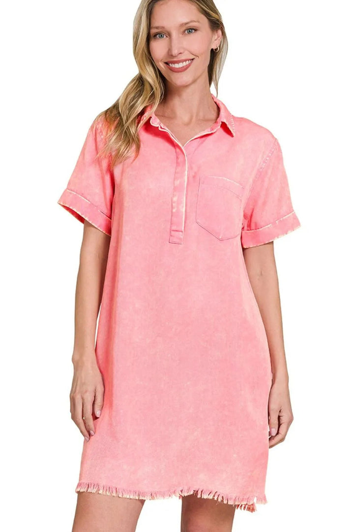 Zenana Tencel Mineral Washed Collared Shirts Dress