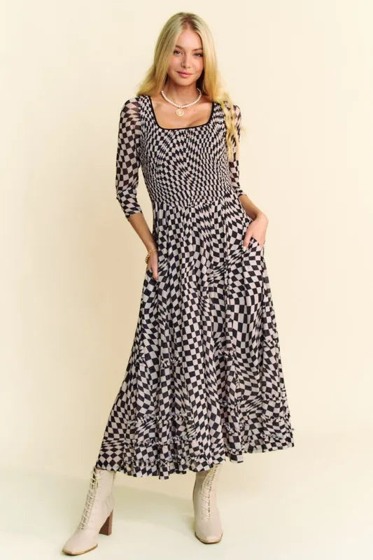 Davi & Dani Printed Checker Mesh Flowy Maxi Dress