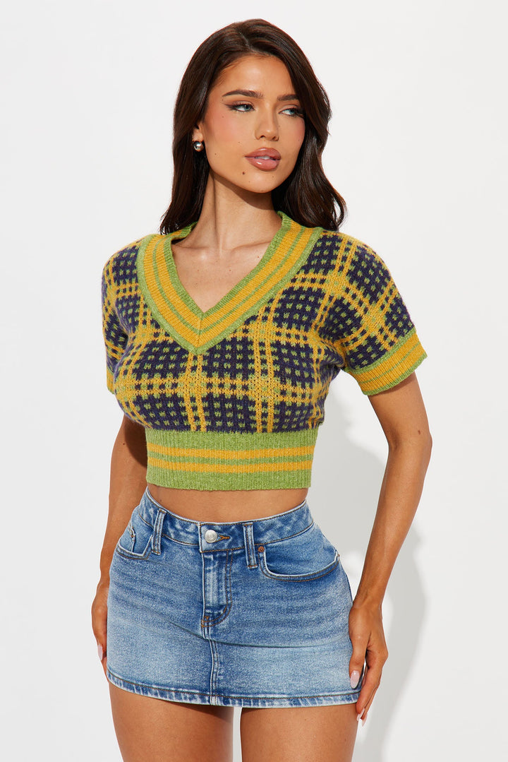 What's The Assignment Plaid Sweater Top - Green/combo