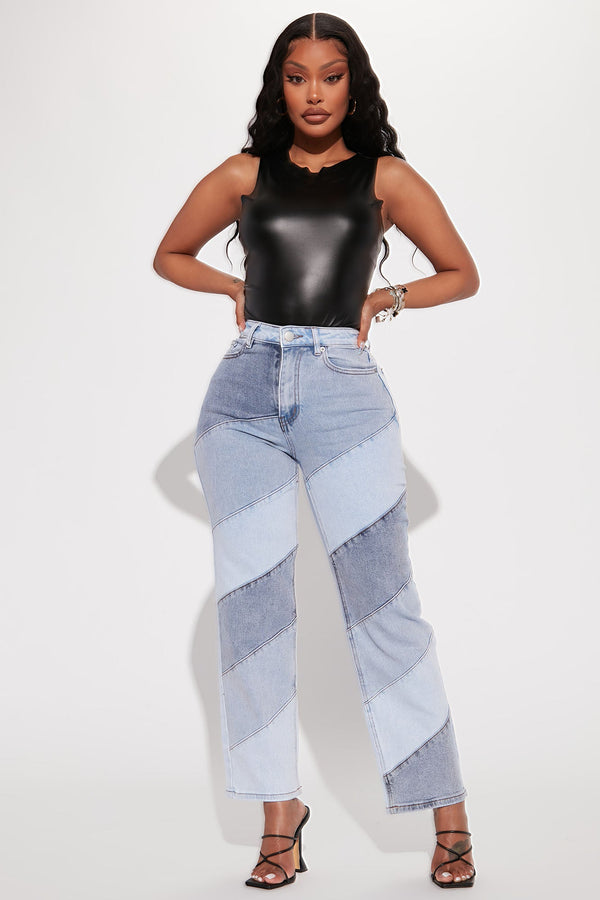 Molly Two Tone Straight Leg Jeans - Medium Blue Wash