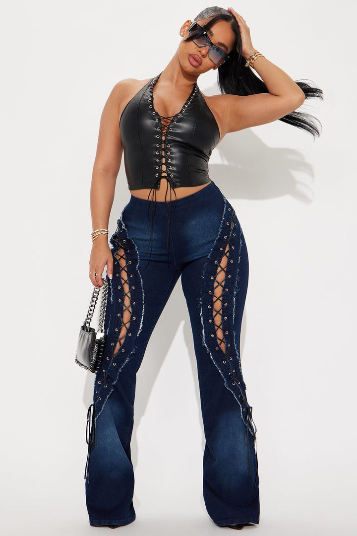 Day By Day Stretch Lace Up Straight Leg Jeans - Dark Wash