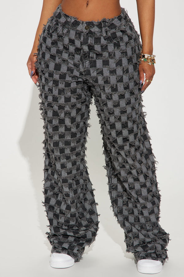 From The Start Checkered Baggy Jeans - Black/Grey