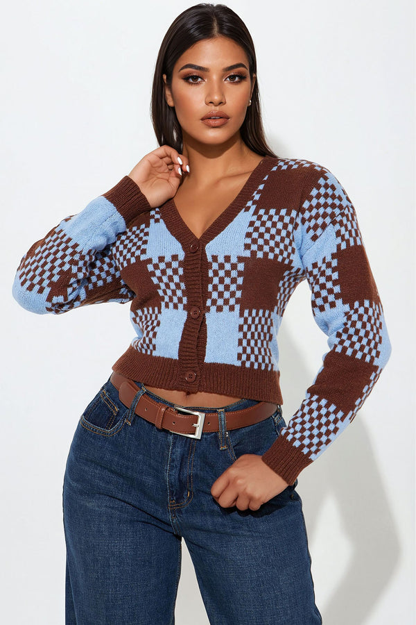 Stay In School Plaid Cardigan - Brown/combo
