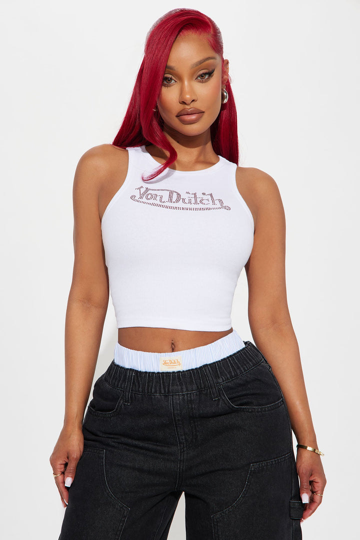 Von Dutch Rhinestone Cropped Tank Top - Red/White