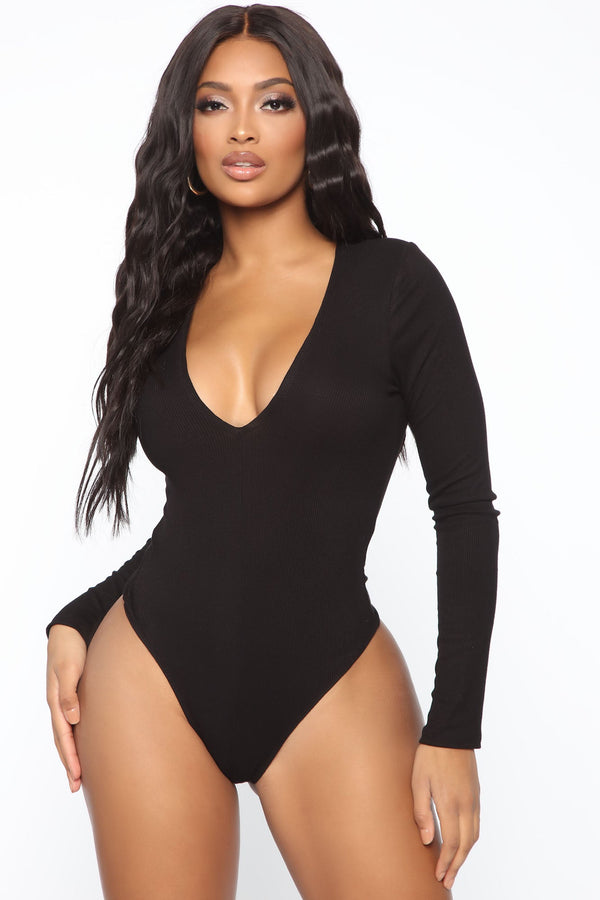 Waiting On Nothing Long Sleeve Ribbed Bodysuit - Black